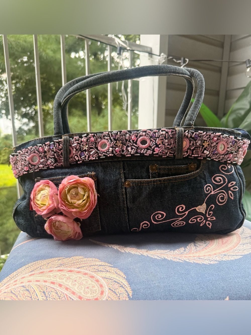 Handcrafted Vintage Denim Floral Purse – Unique Upcycled Statement Piece